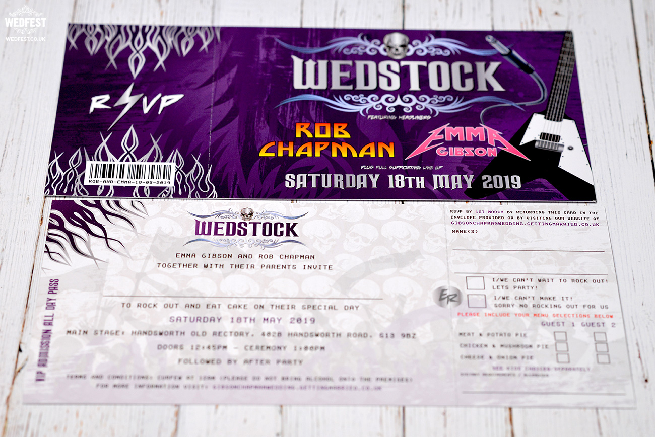 wedstock rock and roll wedding guitars tickets invitations