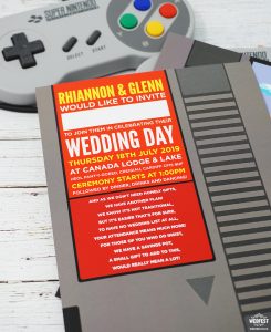 geek gamers retro classic video games wedding invitation