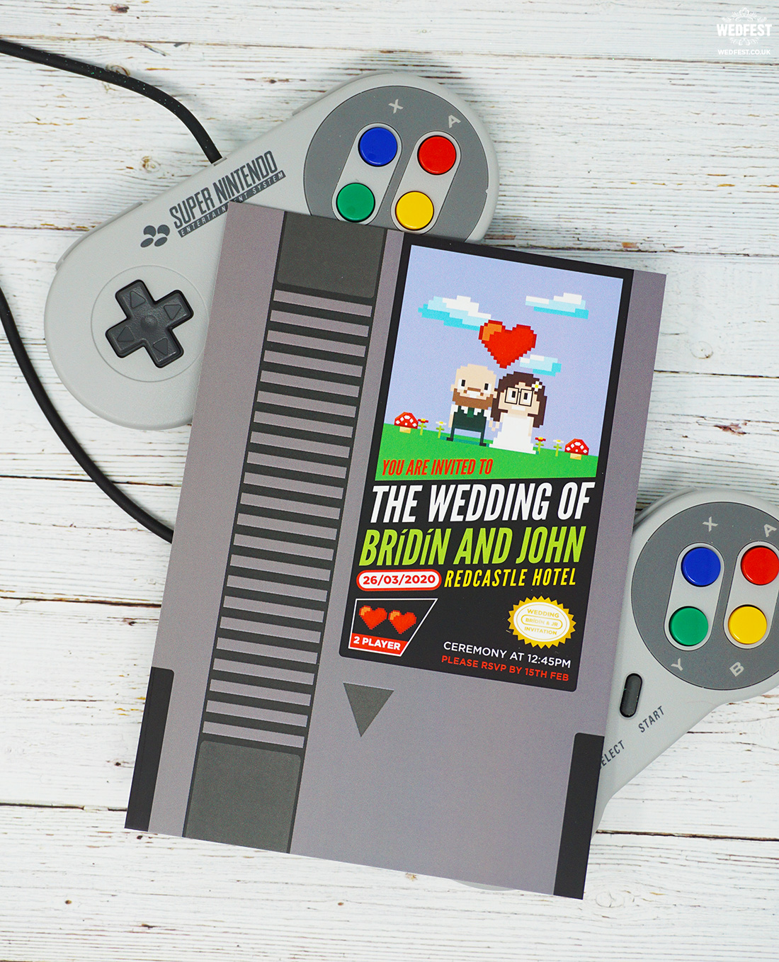 nintendo classic video game wedding invitation