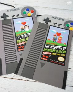 nintendo retro gamer classic video game wedding invite