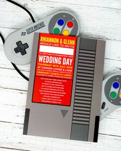 nintendo video game cartridge wedding invitation