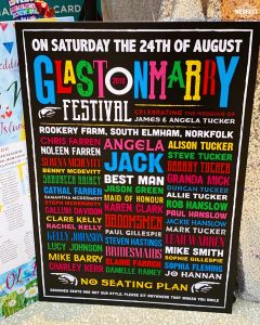 glastonmarry glastonbury festival themed wedding no seating plan poster sign