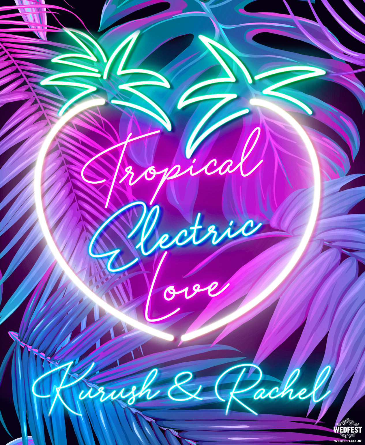 hawaiian theme neon sign wedding invitations