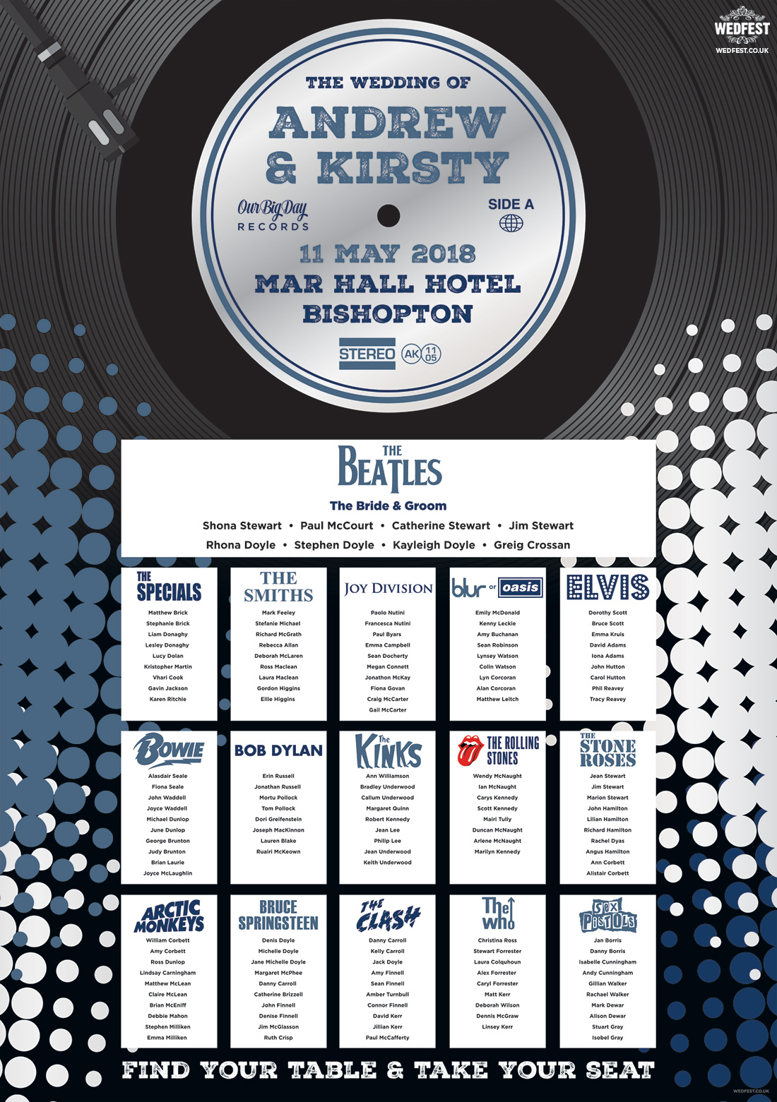 music bands vinyl records themed wedding seating plan