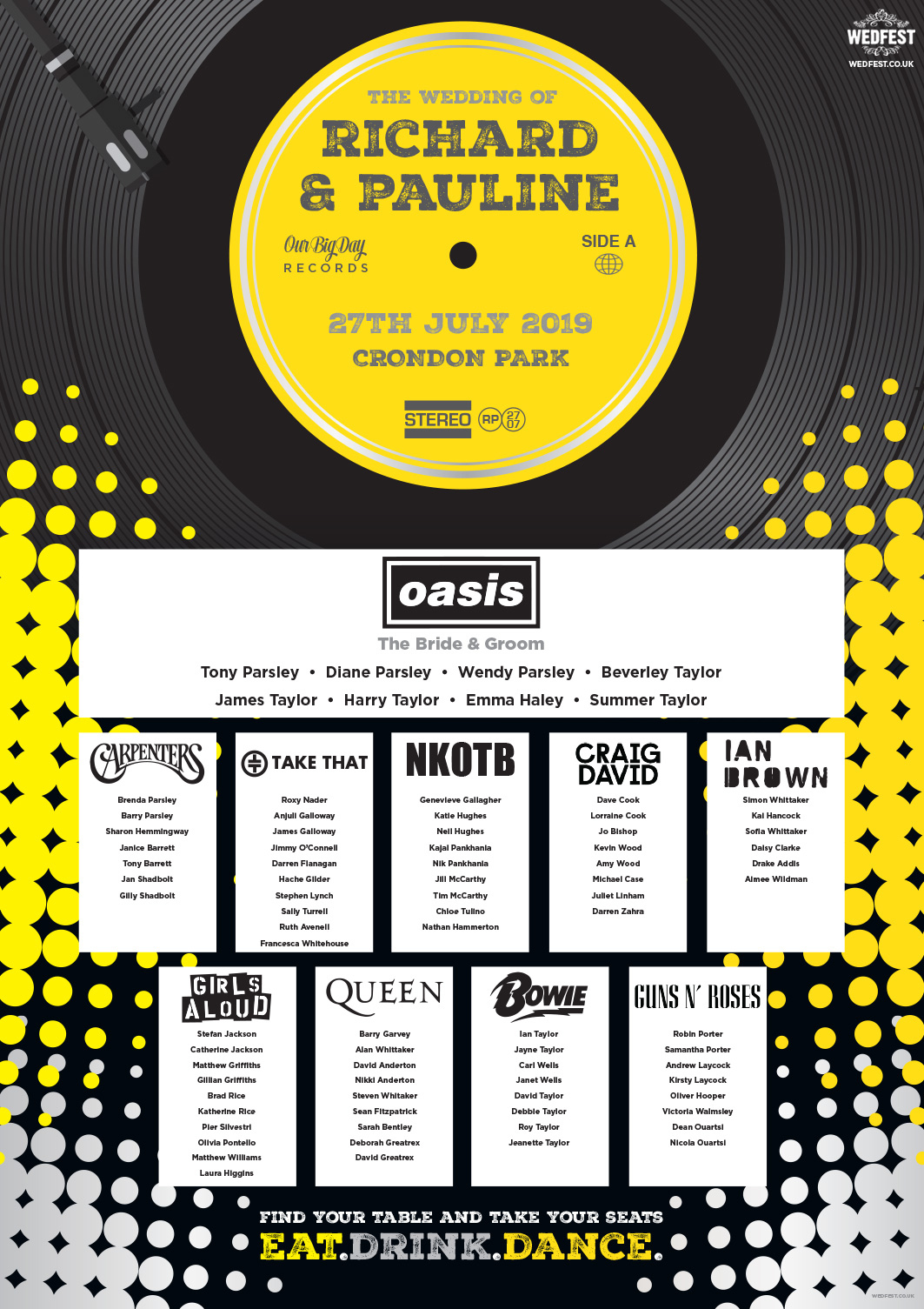 music themed vinyl records wedding seating chart planner