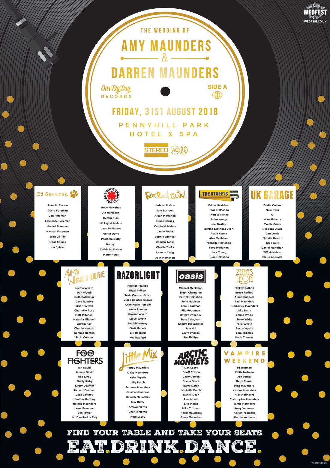 music vinyl records themed wedding table plan