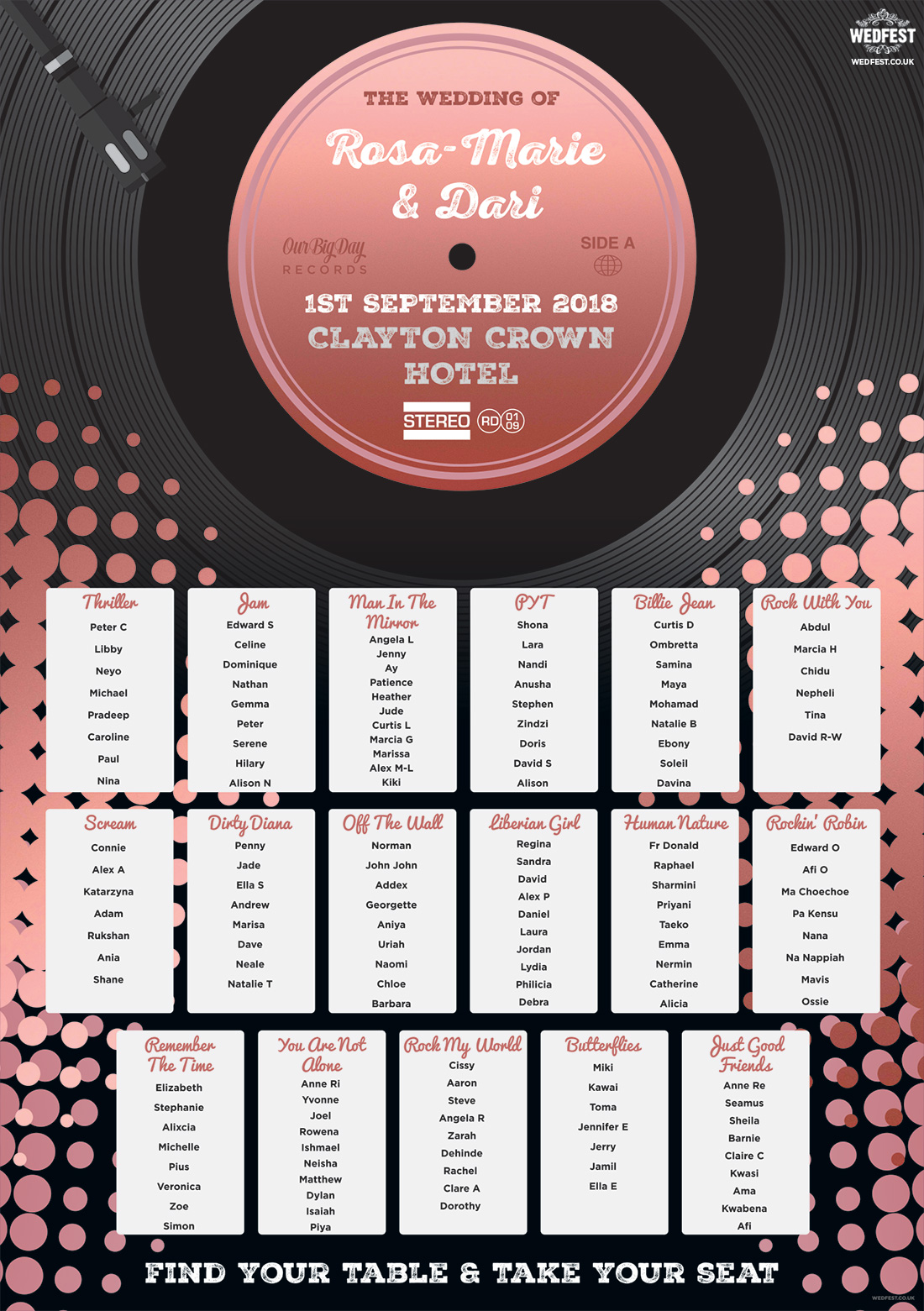 rose gold vinyl record wedding table seating plan