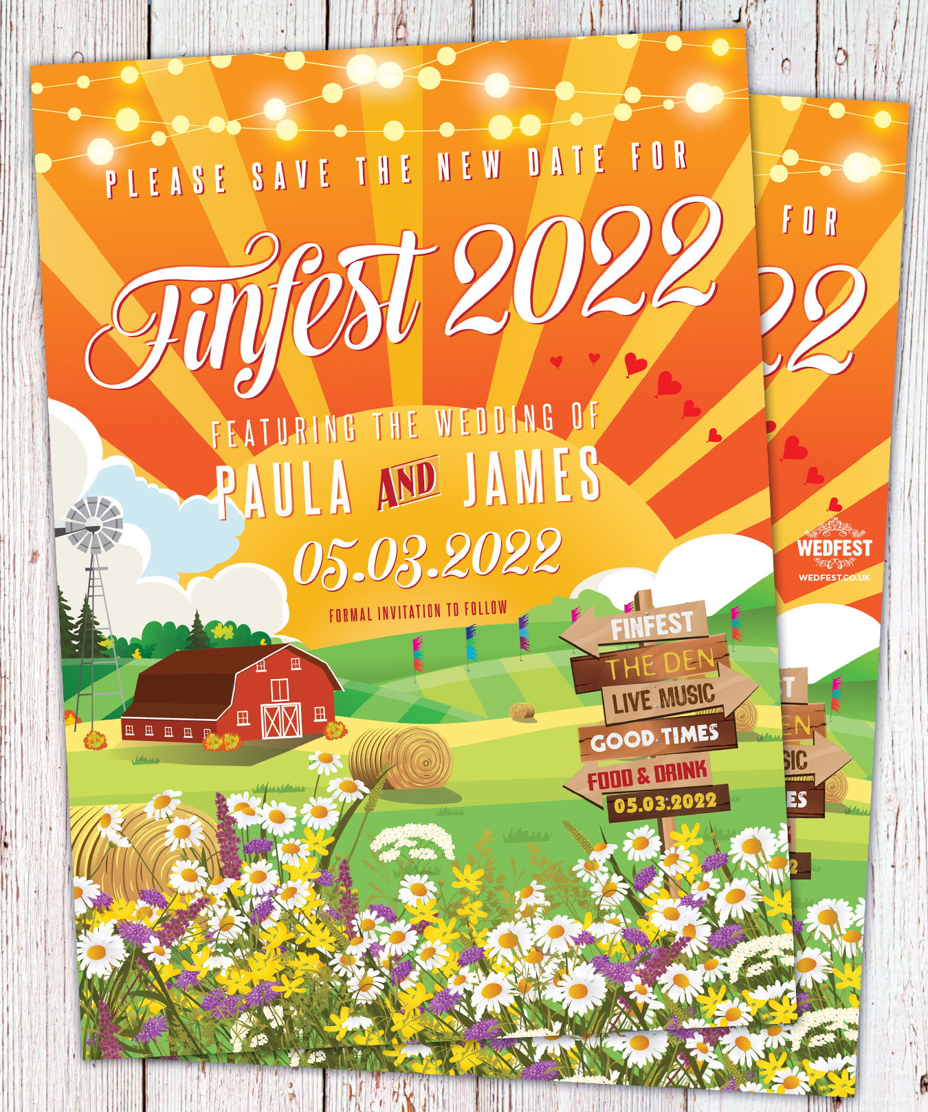 festival themed farm barn wedding save the date cards stationery