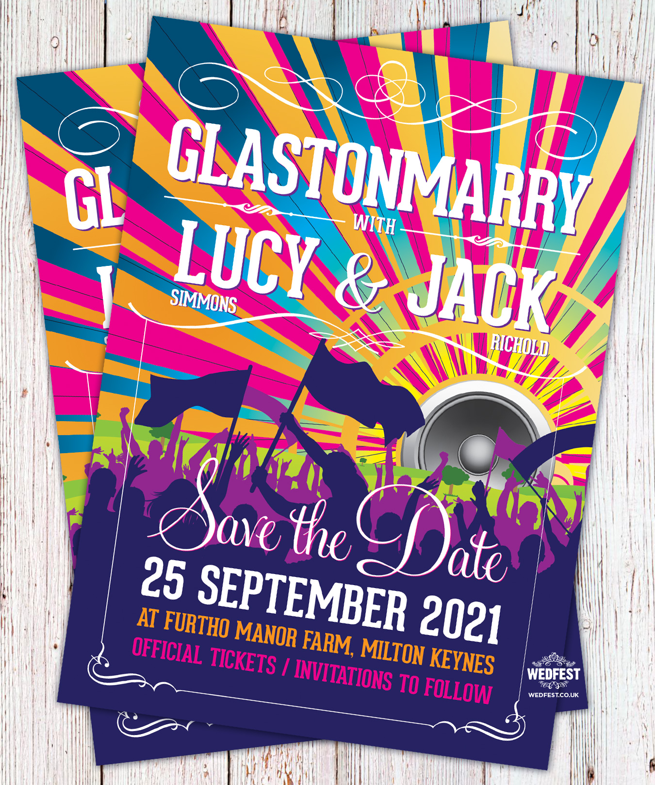 glastonmarry glastonbury festival themed wedding save the date cards stationery