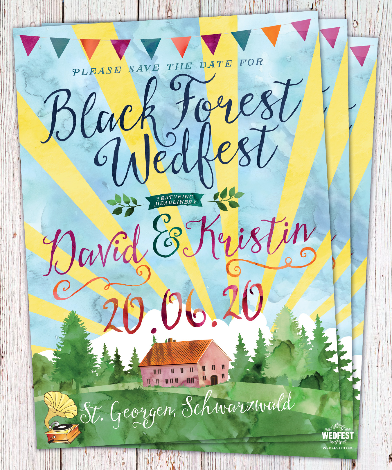 watercolour wedfest festival themed wedding save the date cards stationery