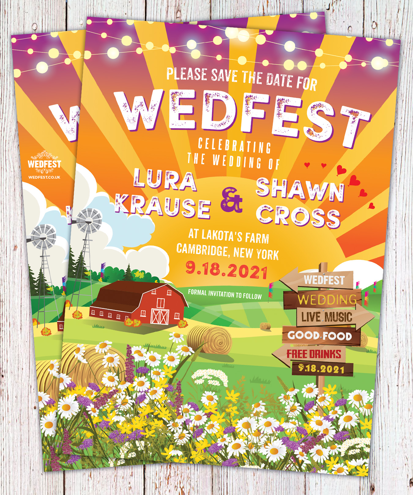 wedfest farm barn festival themed wedding save the date cards stationery