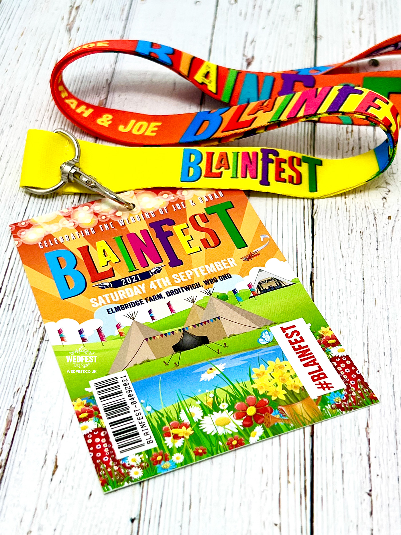 blainfest glastonbury themed wedding lanyards