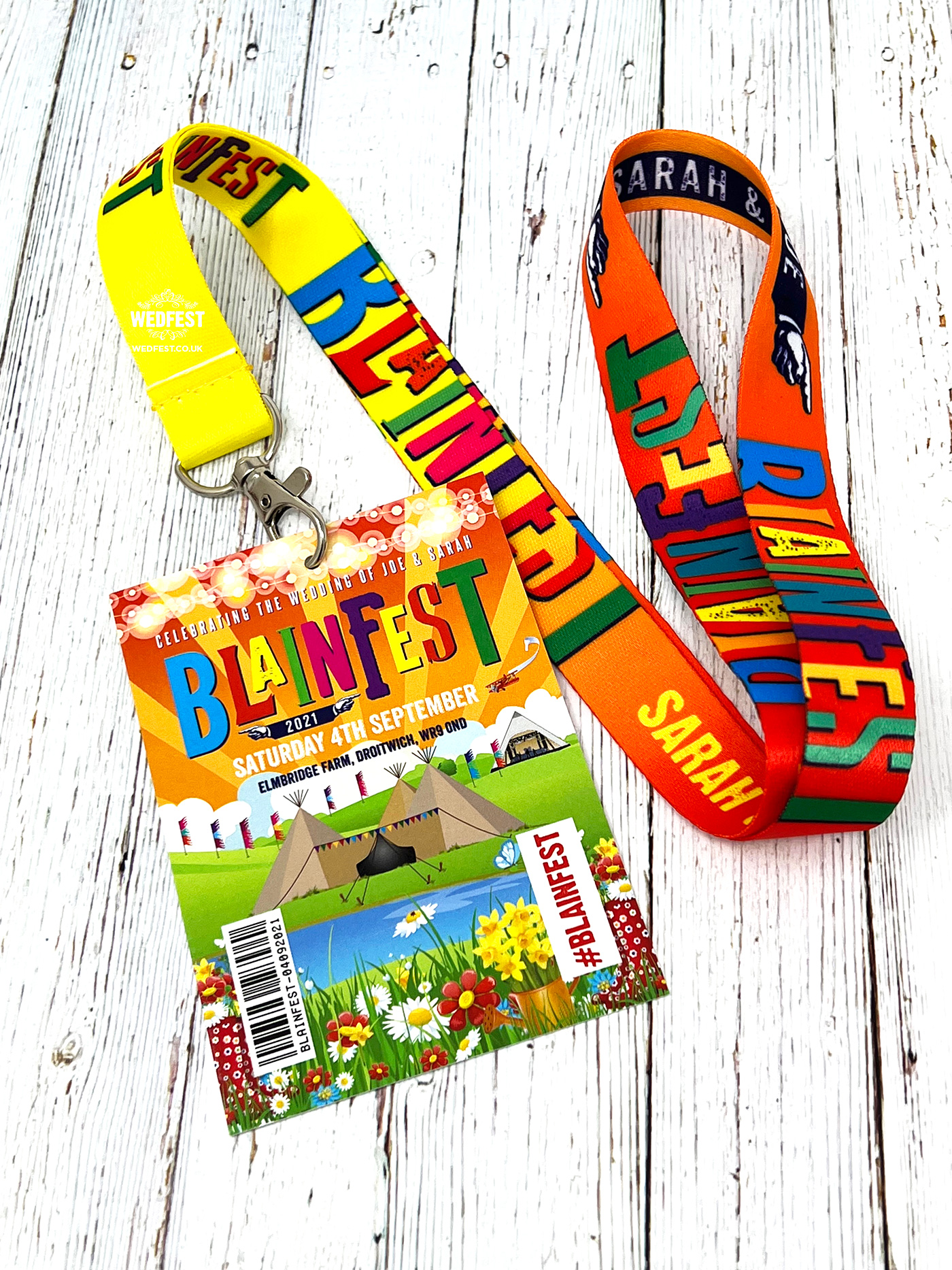 blainfest glastonbury themed wedding vip lanyards