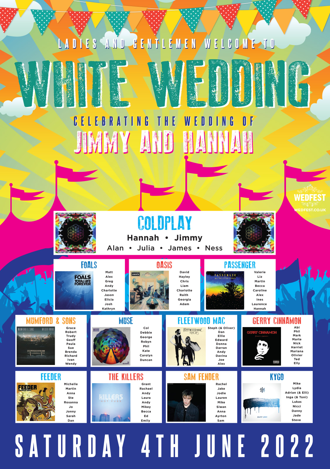 isle of wight festival theme wedding table seating plan