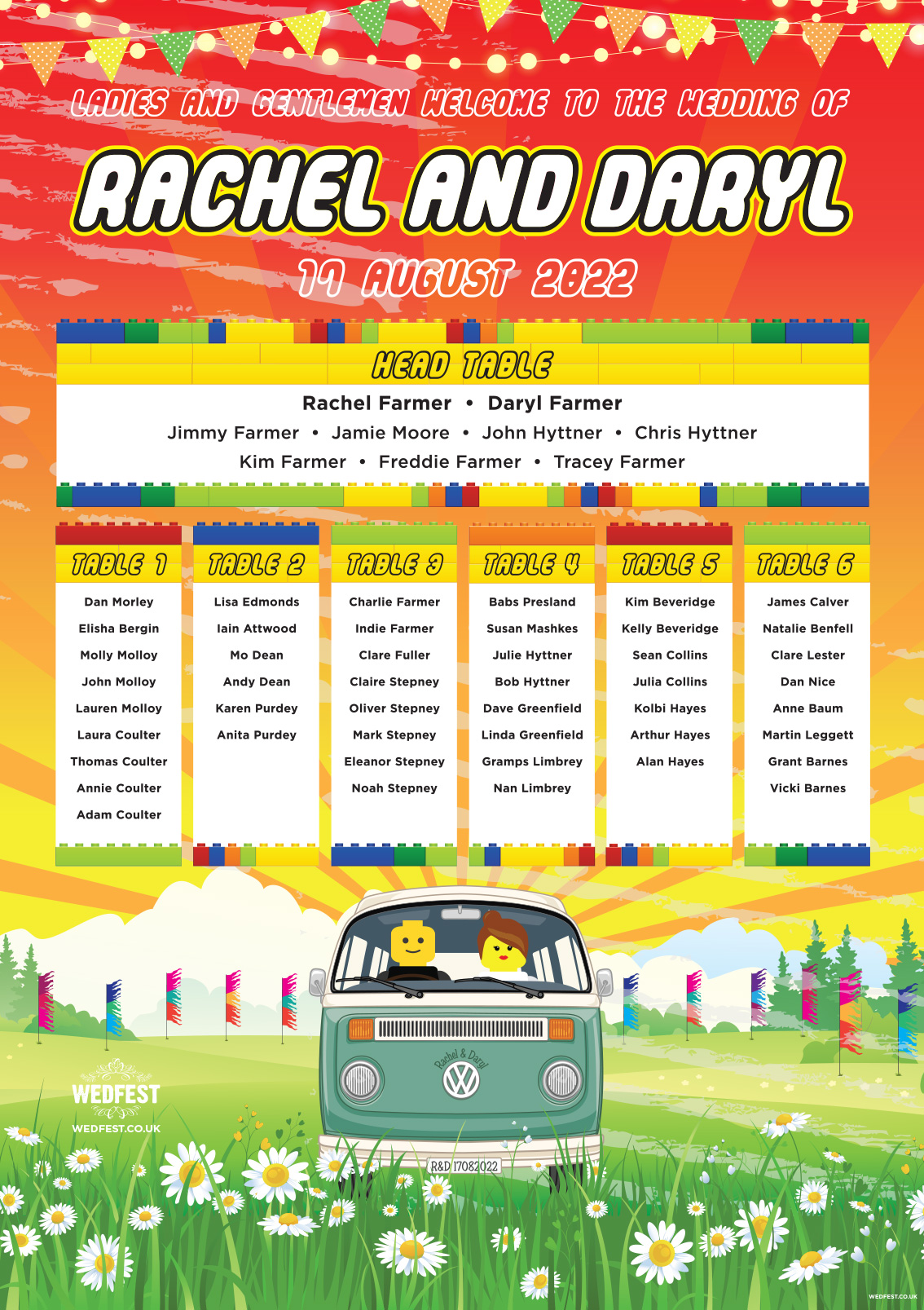 lego campervan vw van festival theme wedding table seating plan