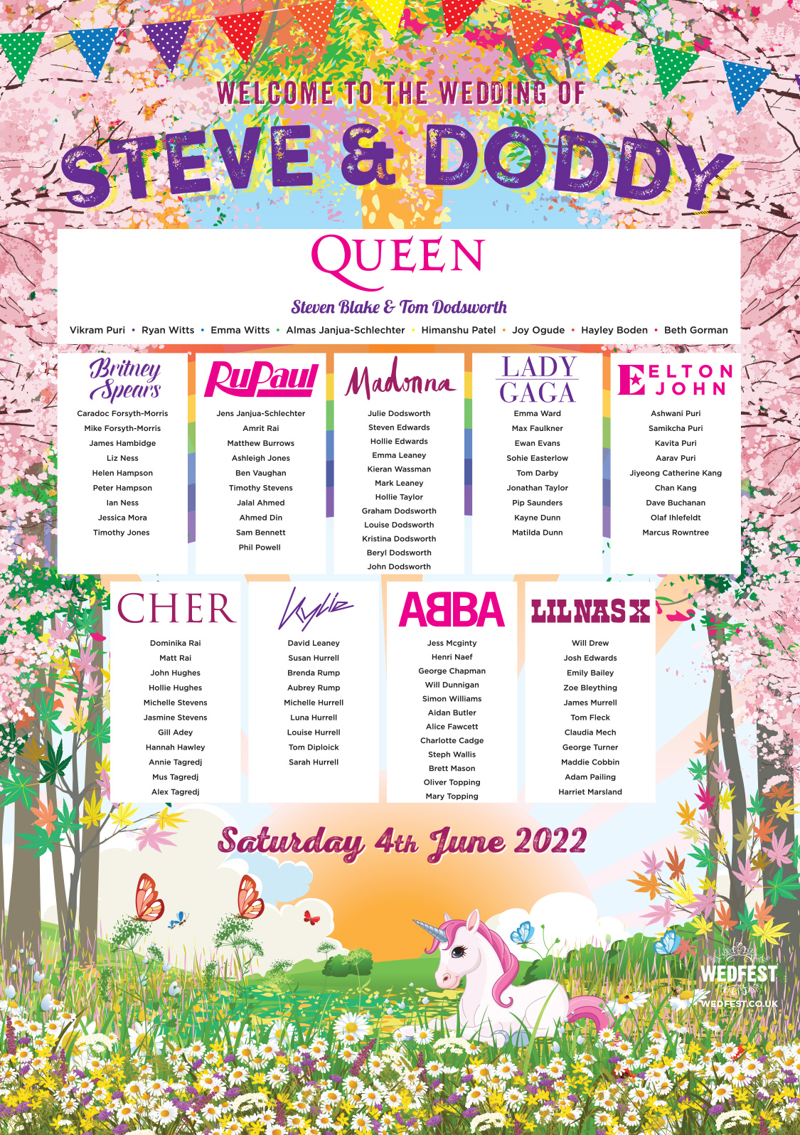 rainbow gay unicorn festival wedding table seating plan