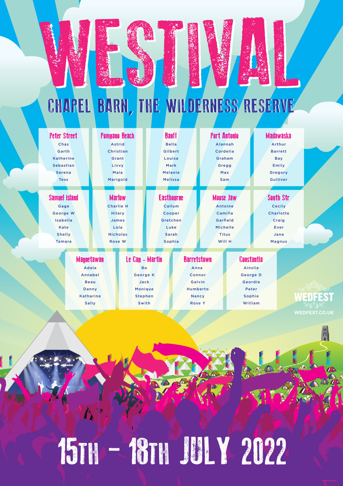 westival glastonbury festival theme wedding table seating plan