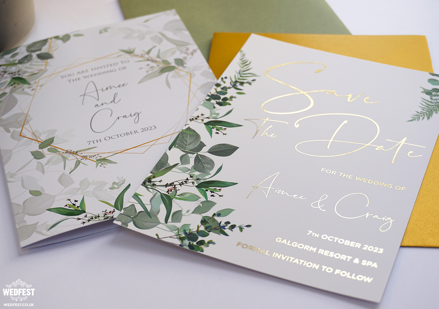 Eucalyptus botanical gold foil wedding save the date invites galgorm resort hotel