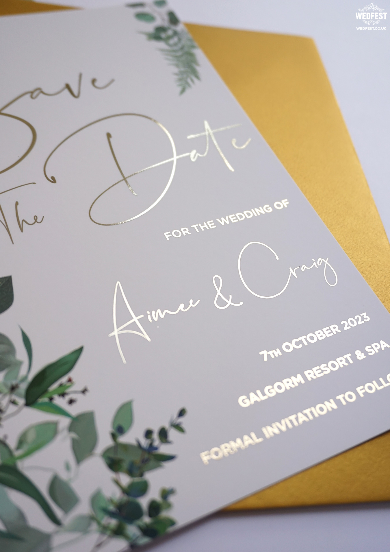 elegant gold foiling wedding save the date invite galgorm hotel