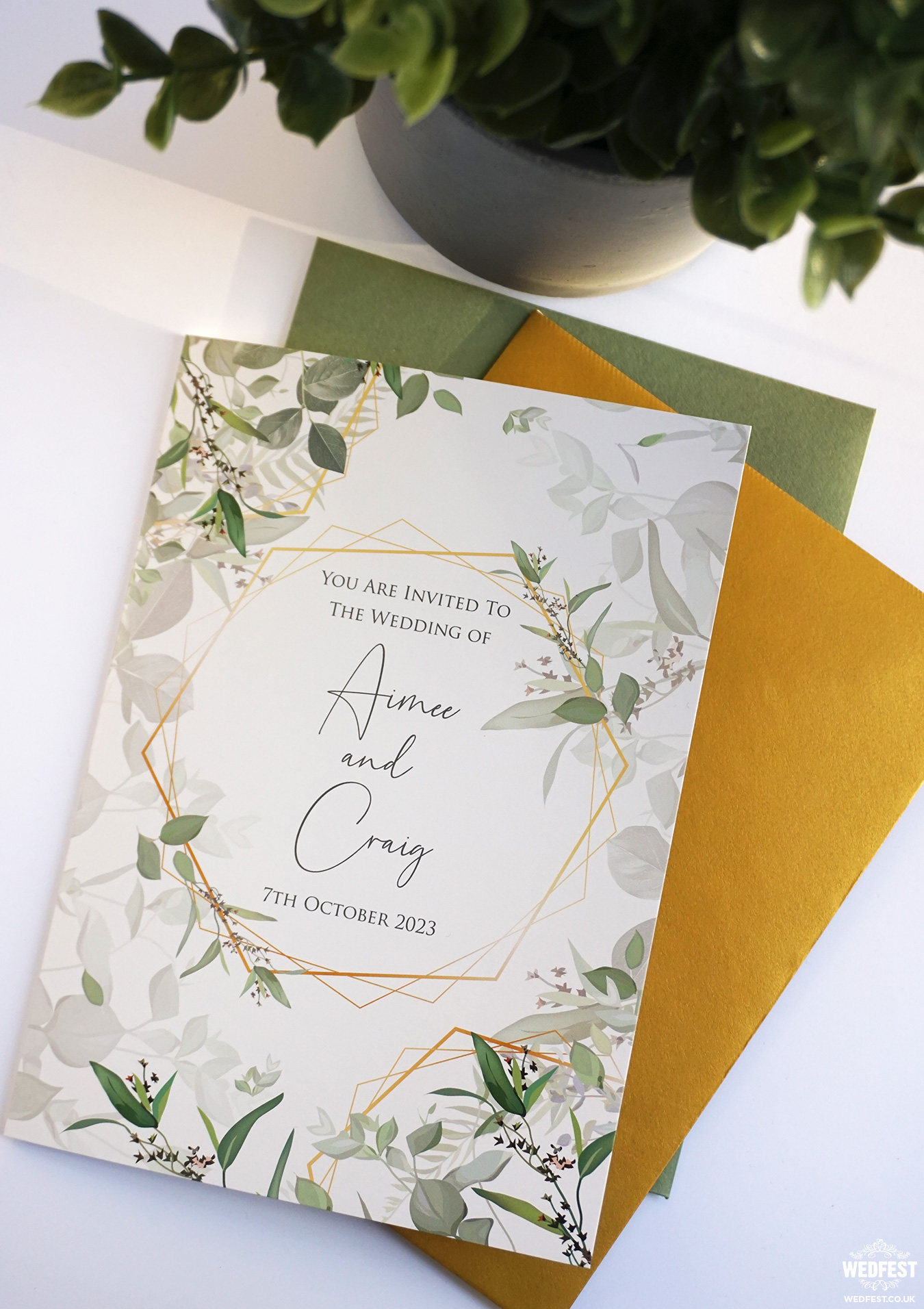 galgorm hotel Eucalyptus botanical greenery wedding save the date invites