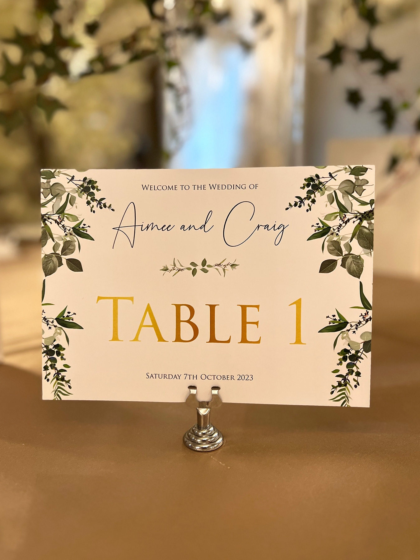 galgorm hotel Eucalyptus botanical greenery wedding table name cards