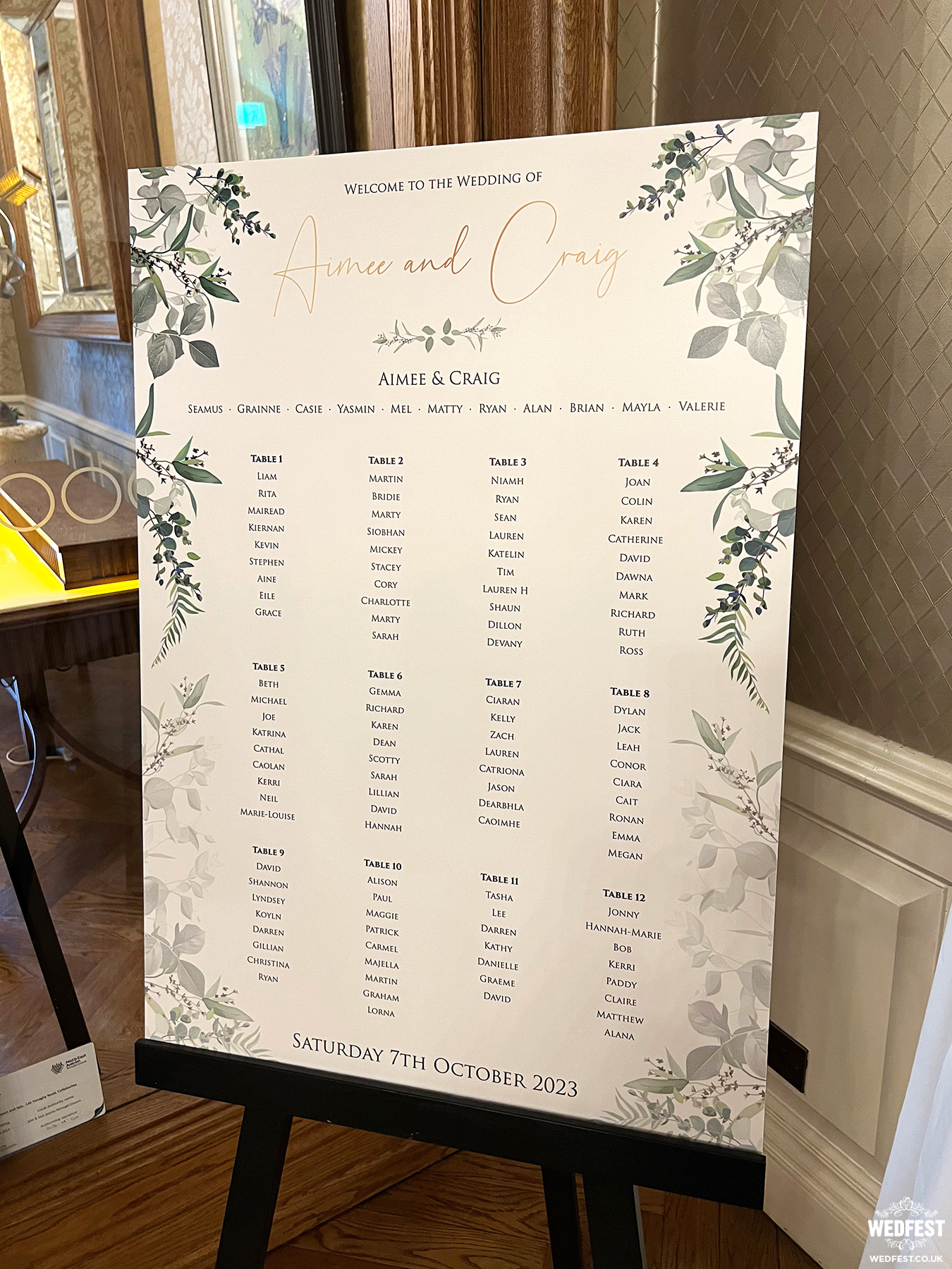 galgorm hotel Eucalyptus botanical greenery wedding table seating plan