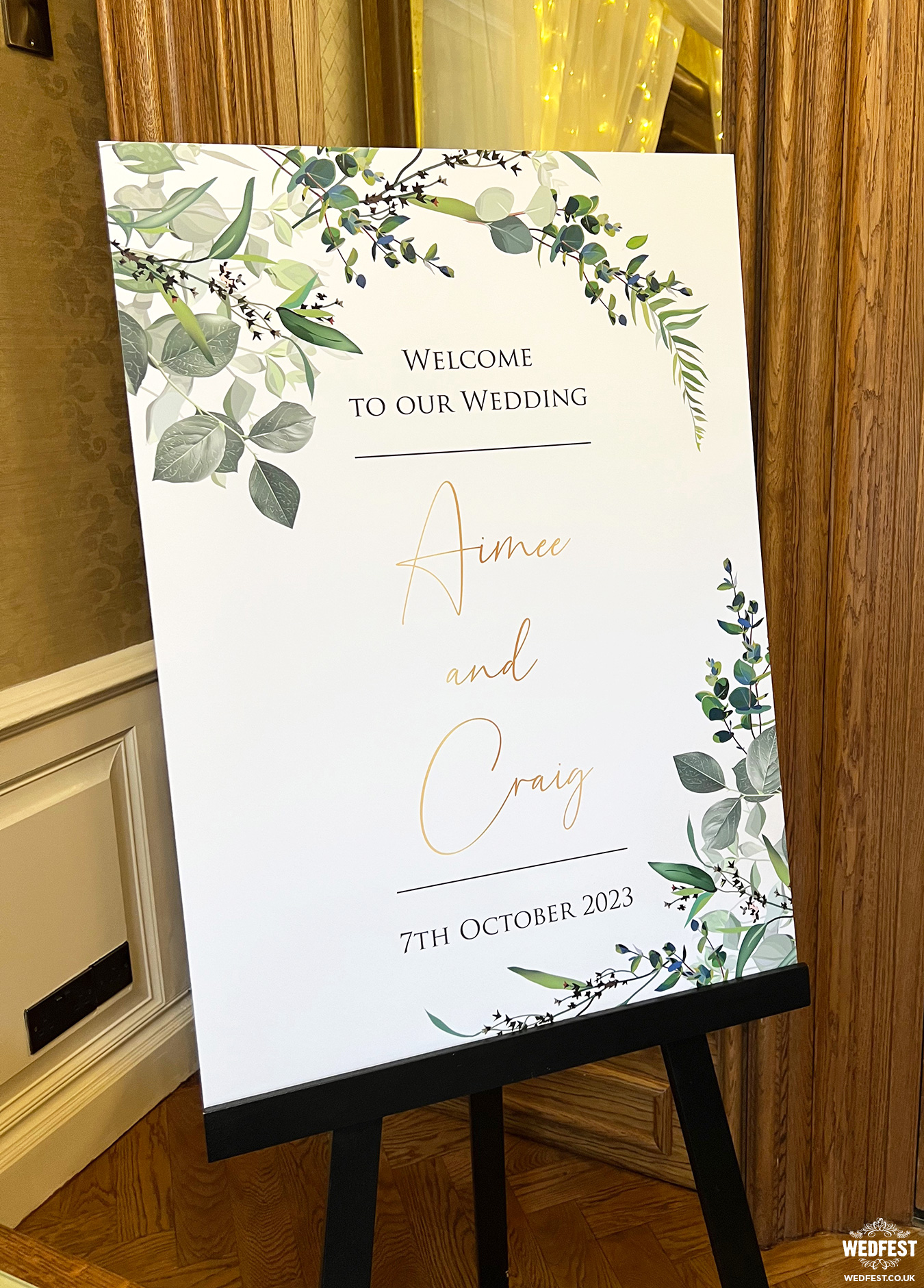 galgorm hotel Eucalyptus botanical greenery wedding welcome board