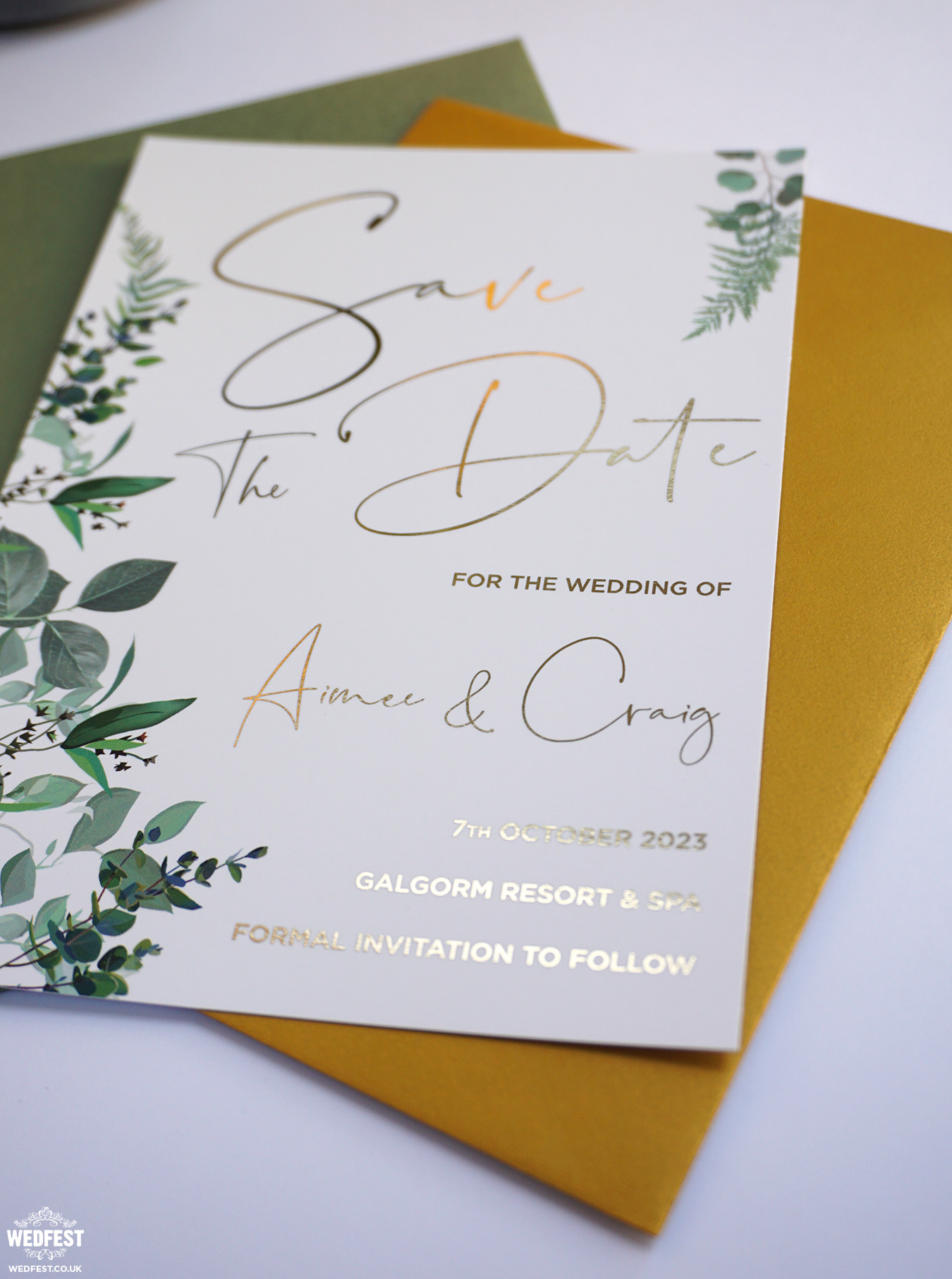 gold foil Eucalyptus botanical wedding save the date galgorm hotel