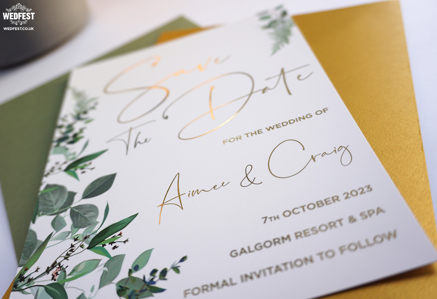 gold foil Eucalyptus greenery botanical wedding save the date galgorm resort hotel