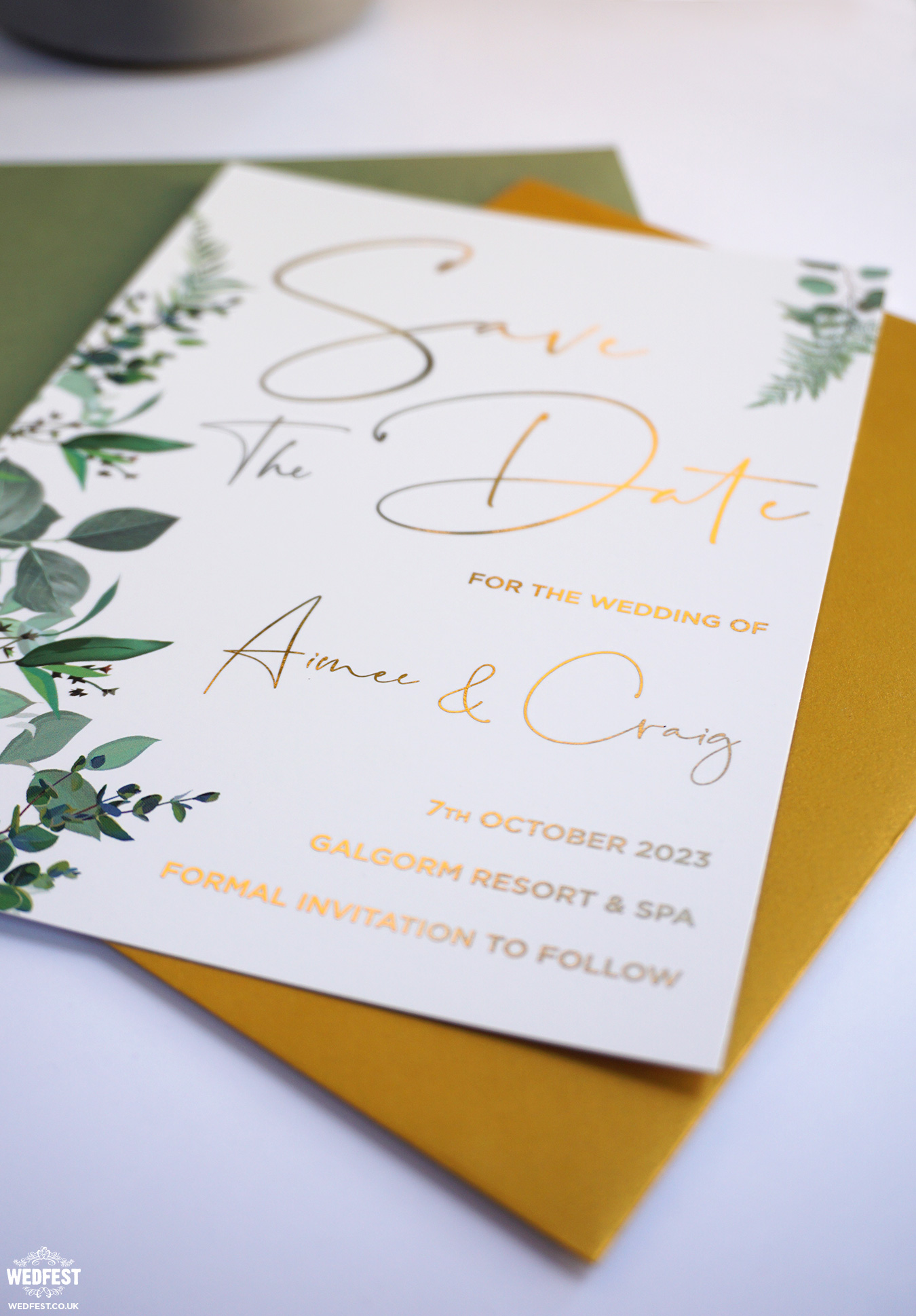 gold foiling elegant greenery botanical wedding save the date galgorm resort hotel