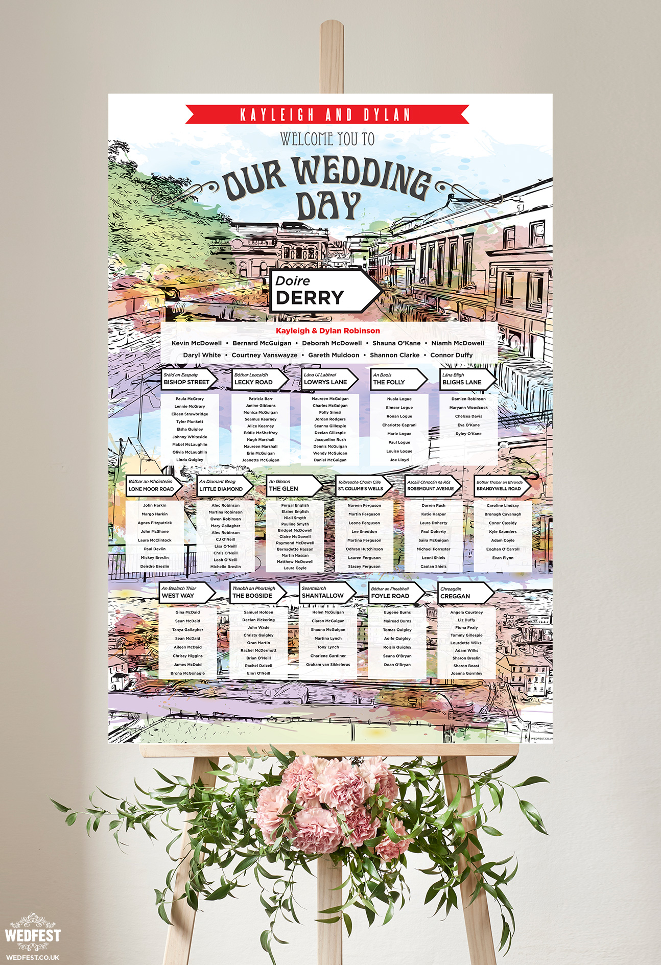 derry city theme wedding table seating plan