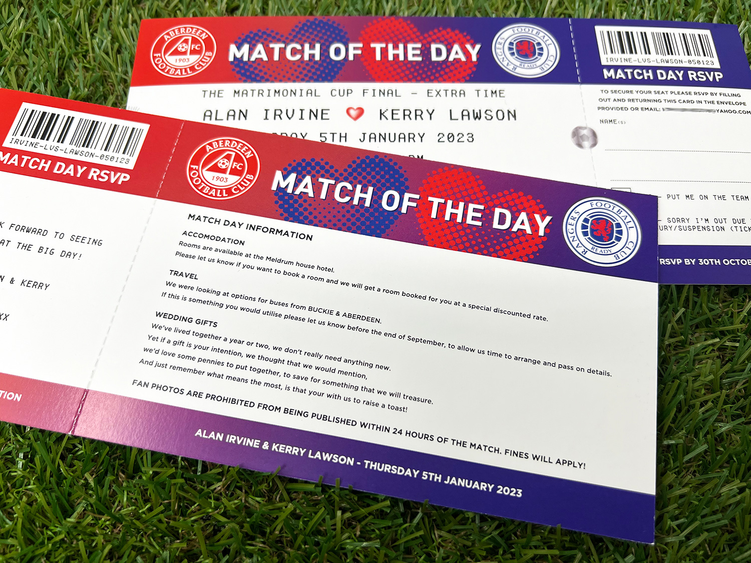 aberdeen rangers football ticket wedding invitations