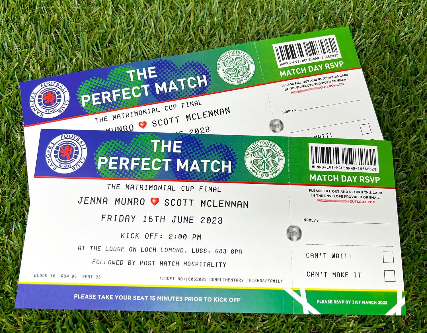 rangers vs celtic scottish football ticket wedding invite