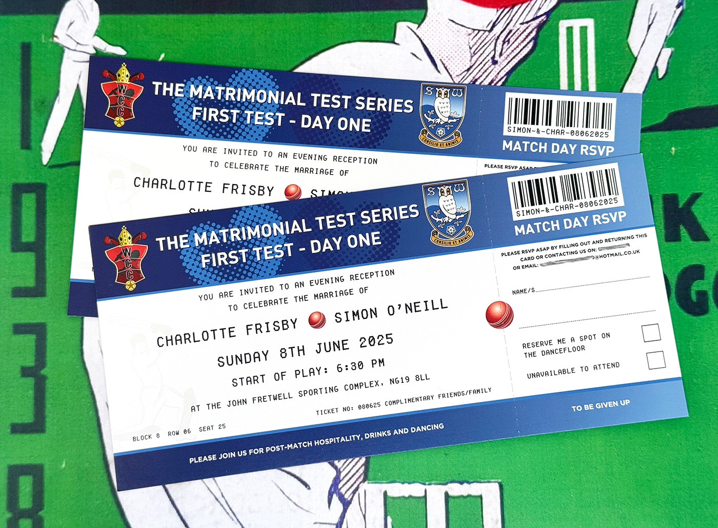 cricket theme ticket wedding invites
