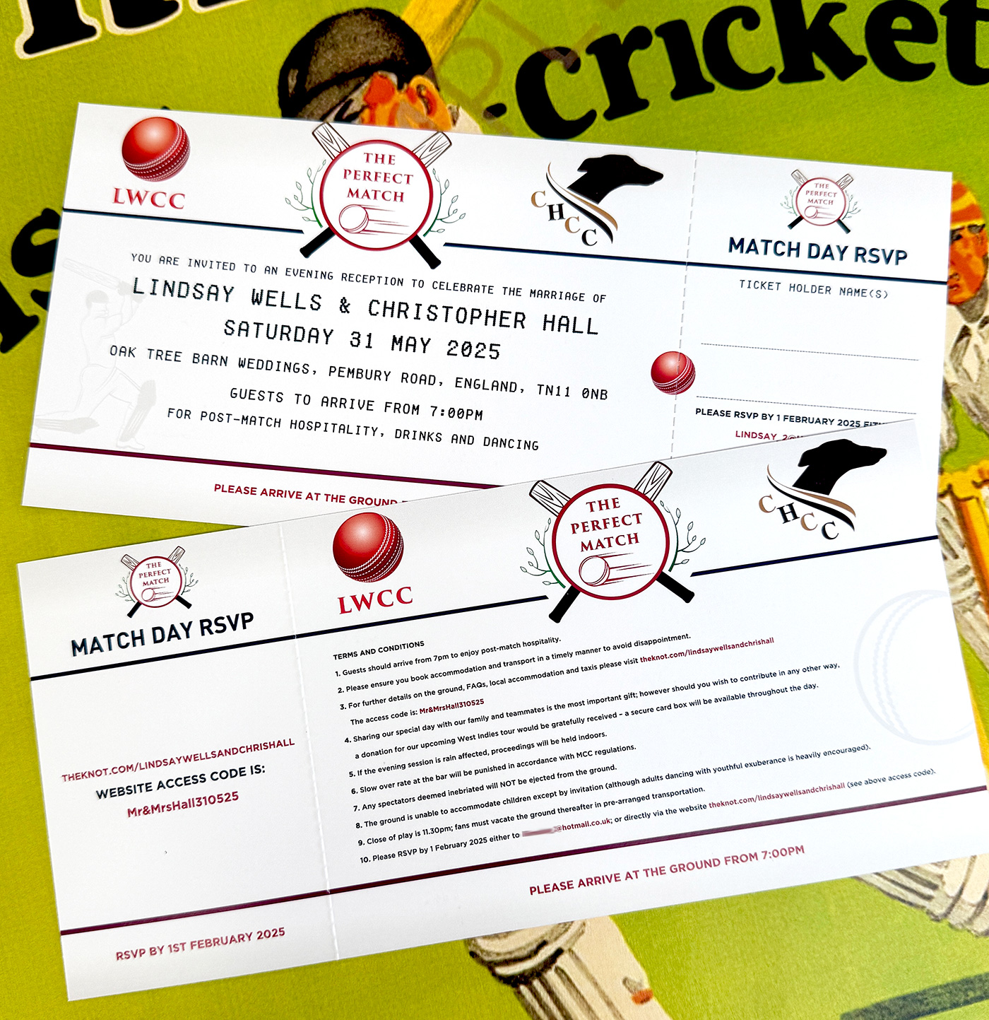 cricket themed wedding invitation stationery