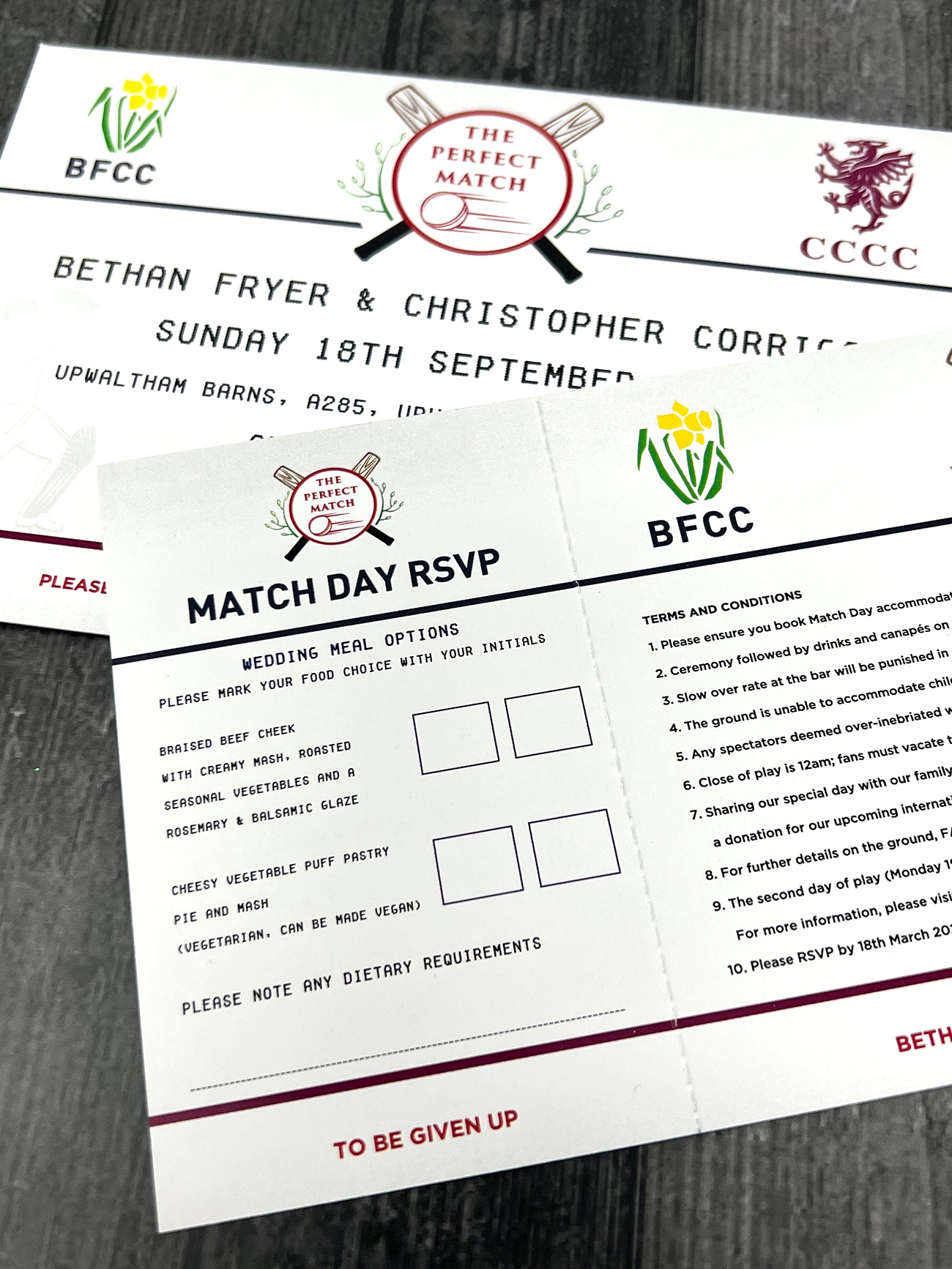 cricket ticket wedding-invite menu rsvp cards