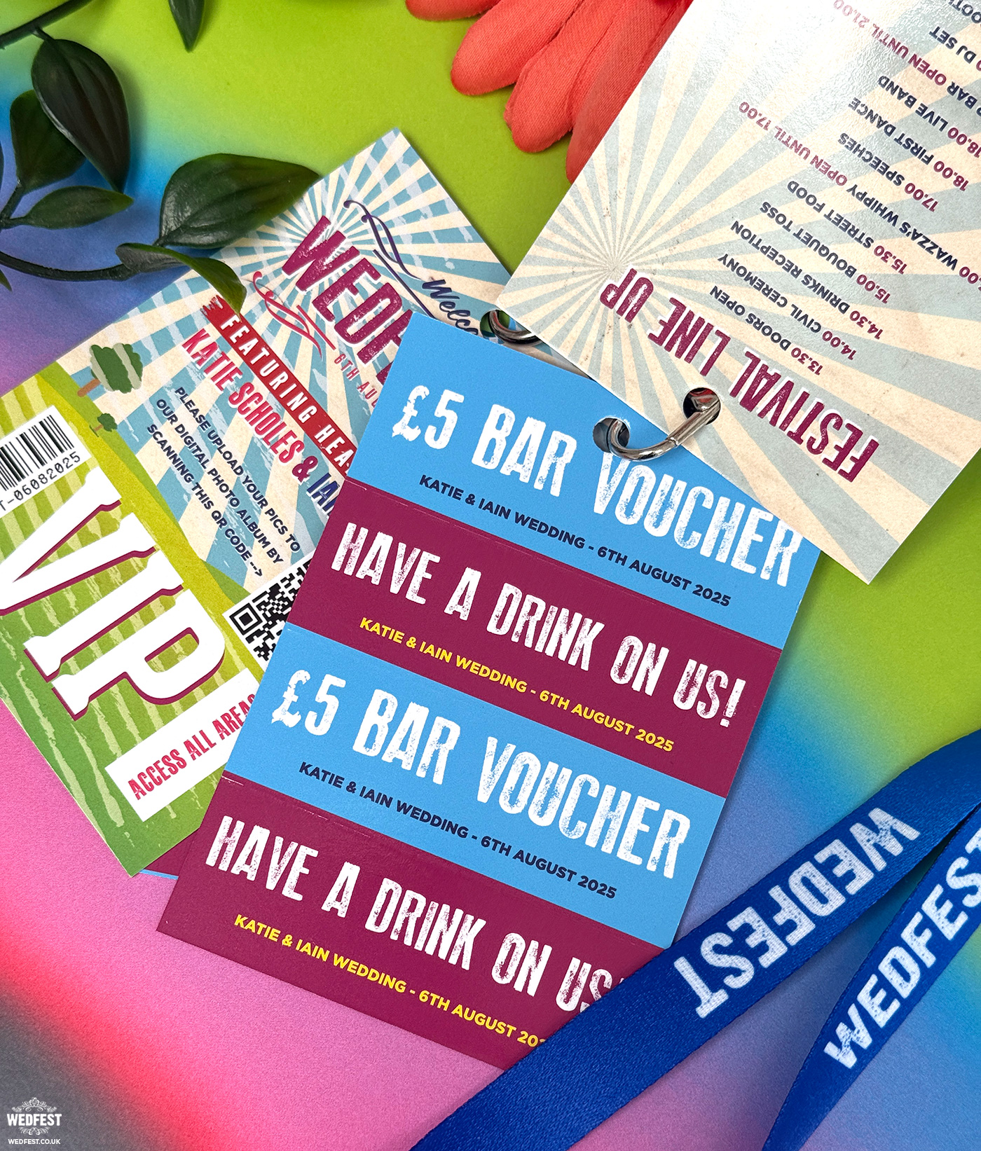 VIP pass style festival wedding invitation with personalised couple details festival wedding lanyard drinks vouchers