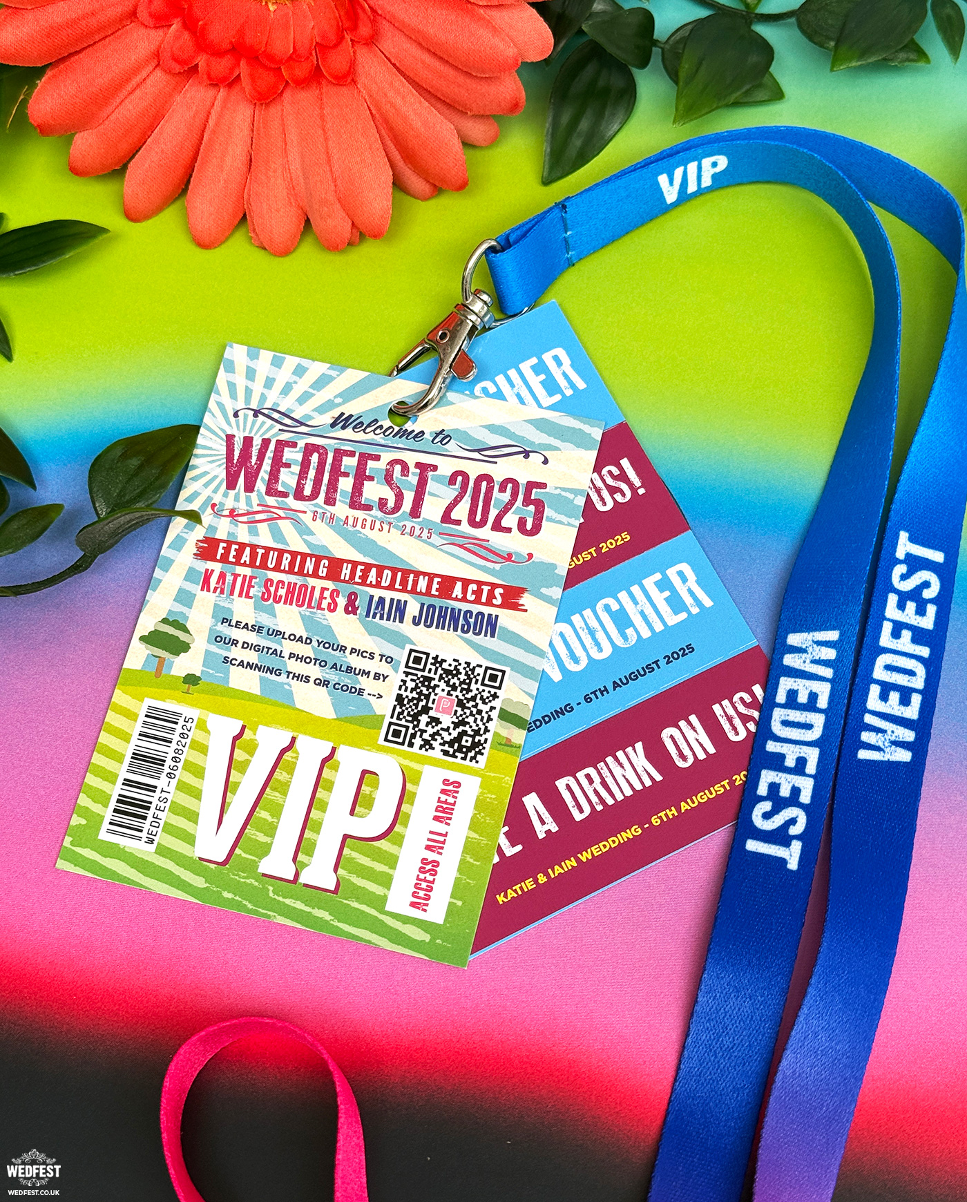 Festival wedding VIP lanyard invitations styled like access passes for guests festival wedding vip lanyard invitations