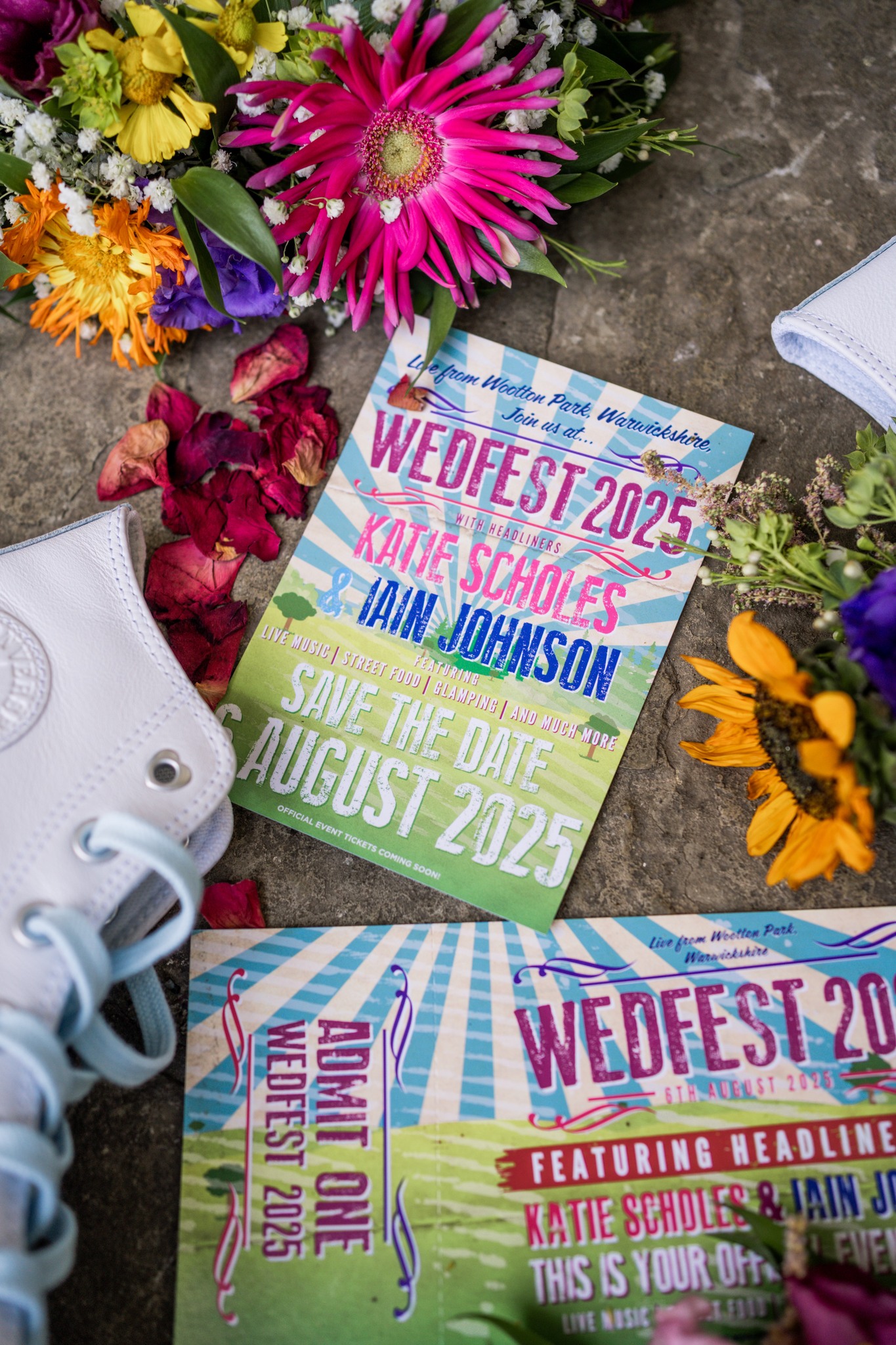 Festival wedding invitations with colourful and personalised design for modern couples music festival wedding invites save the date cards