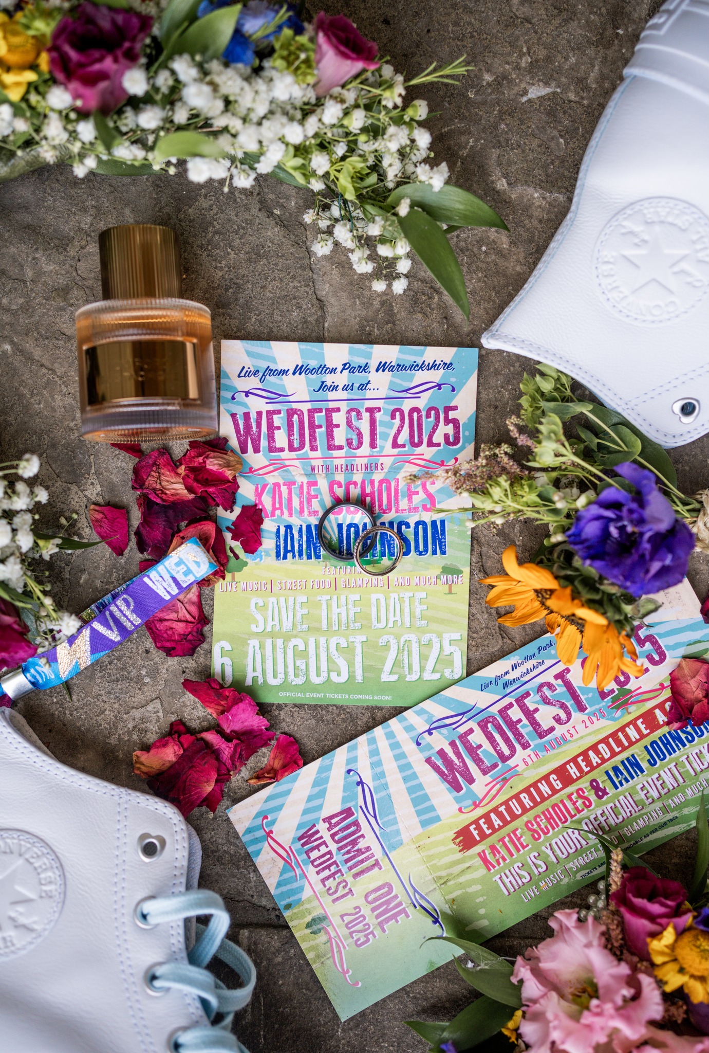 Boho festival wedding stationery set including invites, RSVP cards, and signage wedfest boho festival wedding stationery