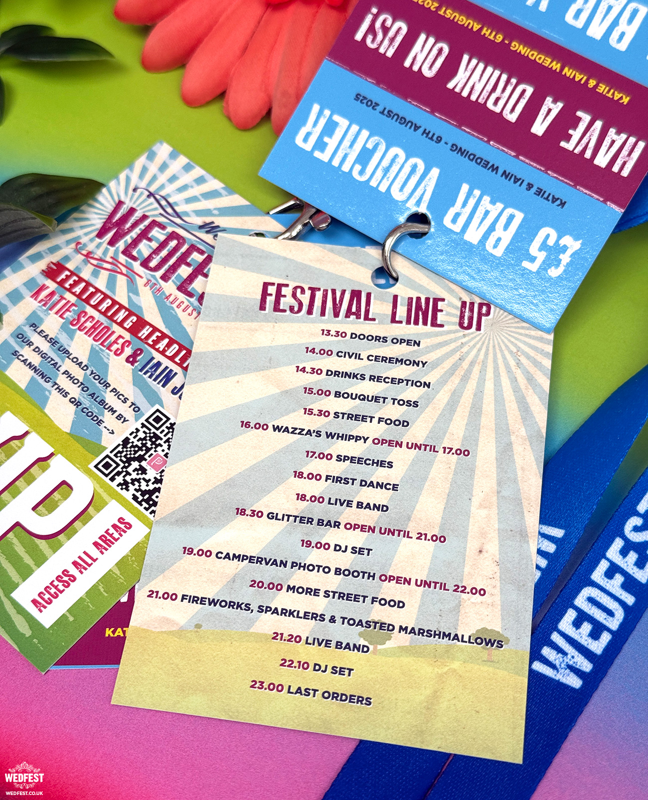 Festival wedding VIP lanyard invitations styled like access passes for guests wedfest festival wedding line up lanyard programme