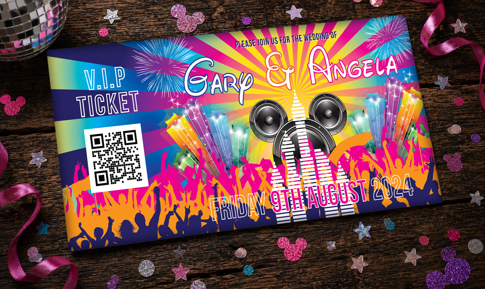 Disney inspired EDM wedding invitation designed as a colourful VIP festival ticket.