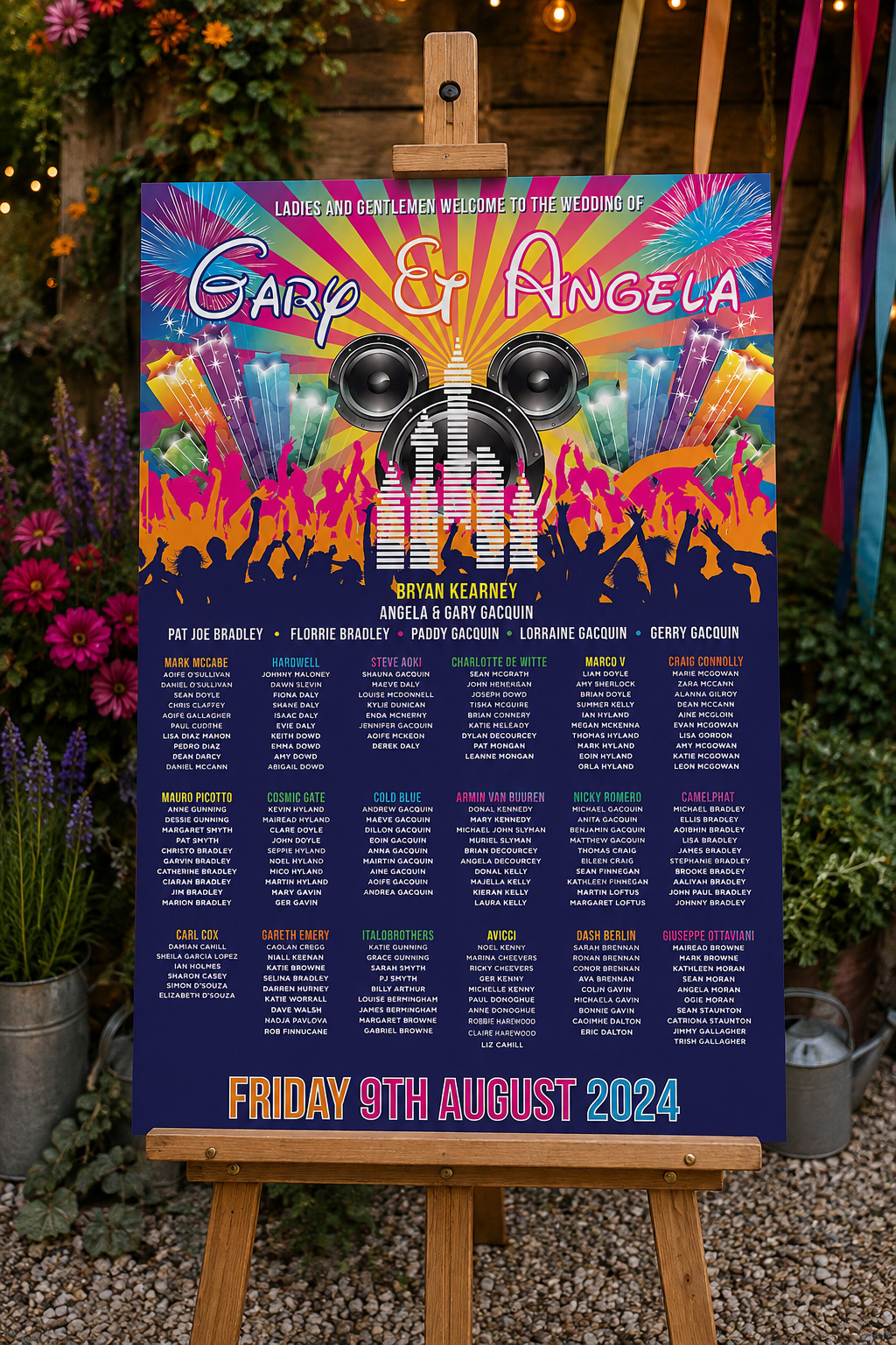 Disney inspired EDM festival wedding table plan displayed on an easel 