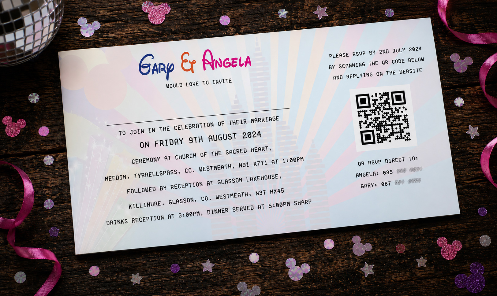 Reverse of Disney inspired festival wedding invitation featuring wedding details, RSVP information and QR code.