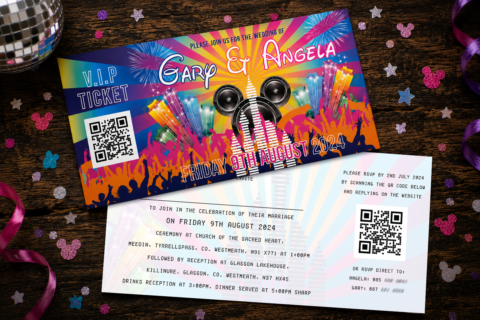 Disney inspired EDM festival wedding invitations for Gary and Angela featuring colourful VIP ticket artwork.
