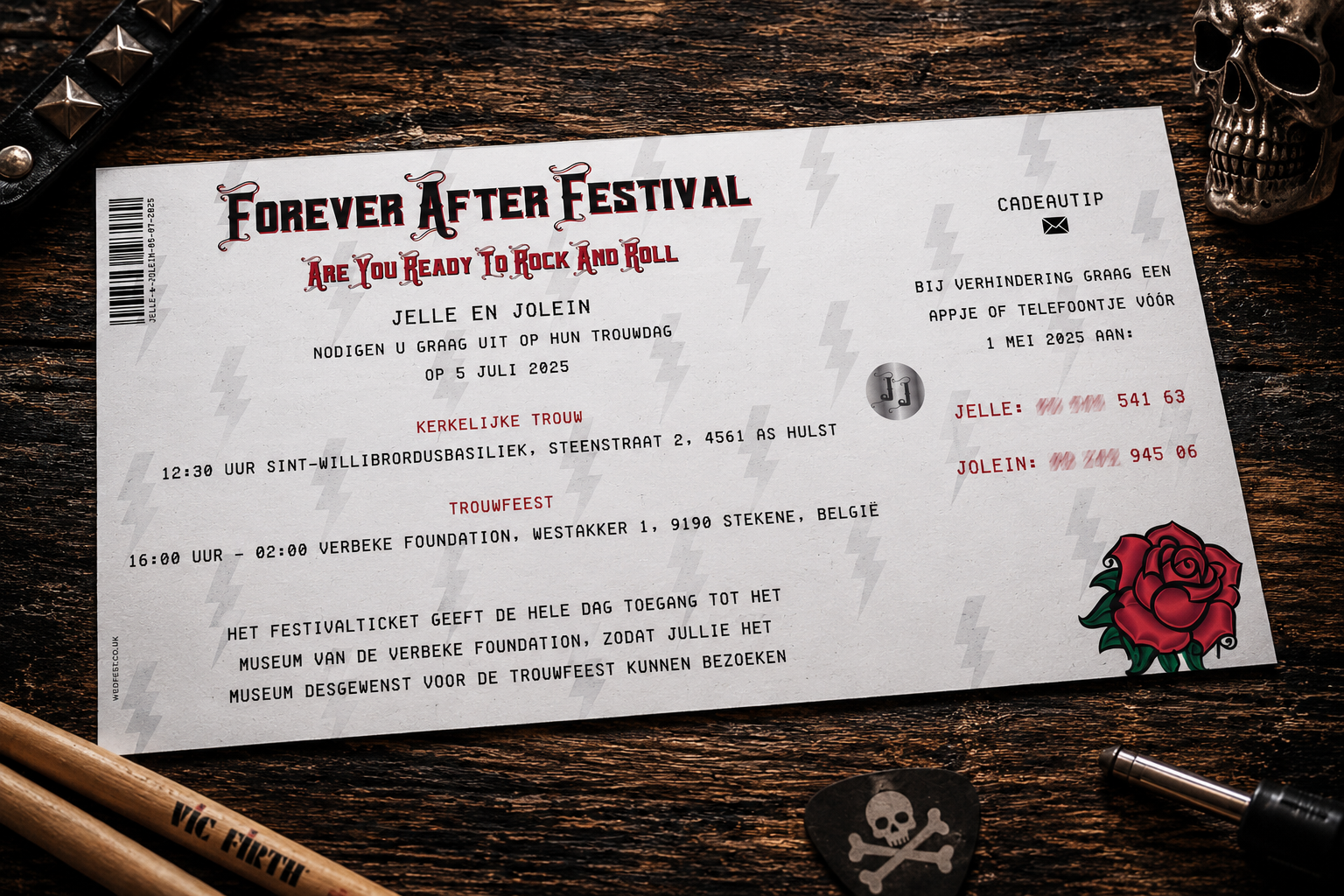 Forever After rock n roll wedding invitation with wedding details and tattoo rose