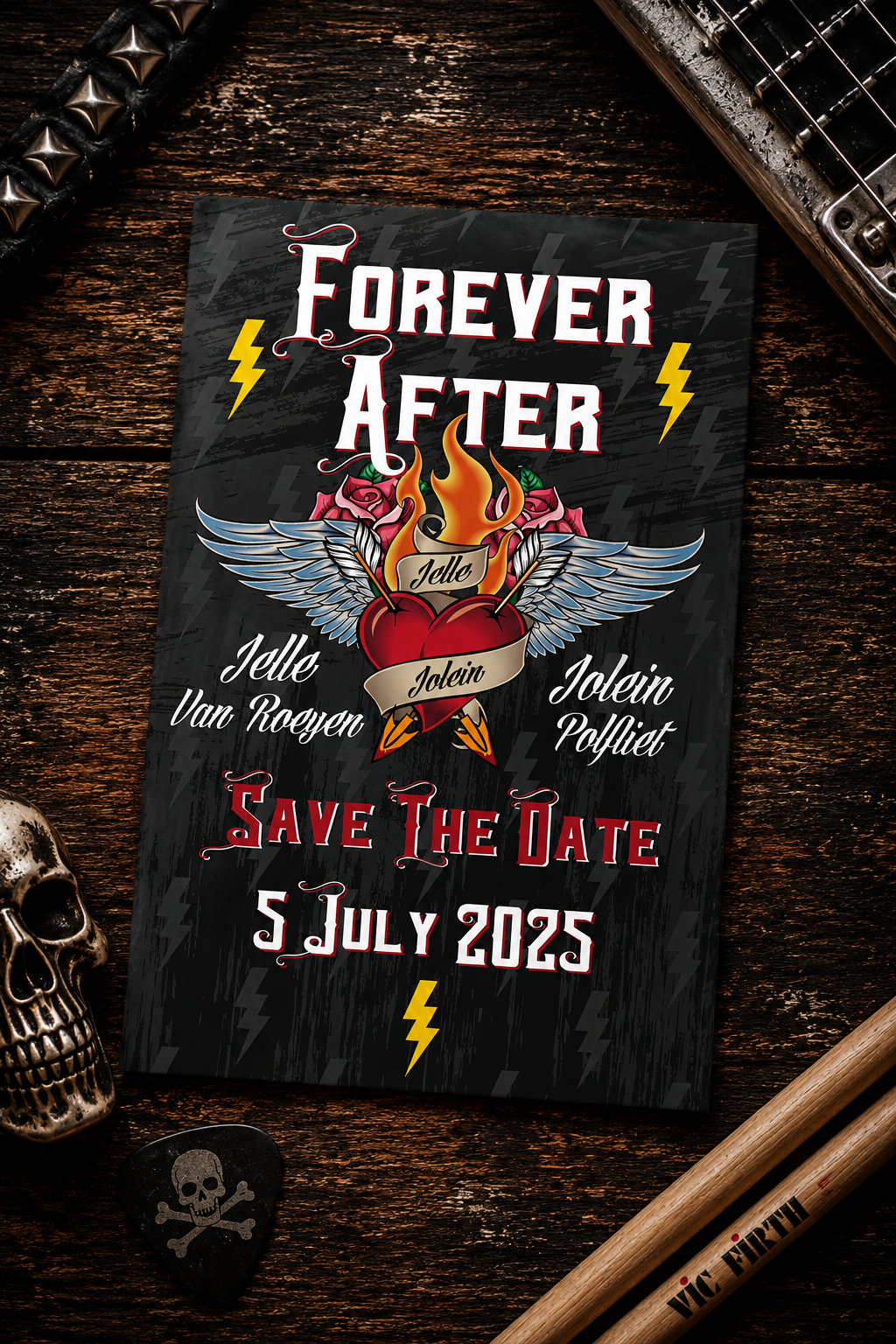 Forever After tattoo style rock n roll Save the Date with flaming heart roses and angel wings