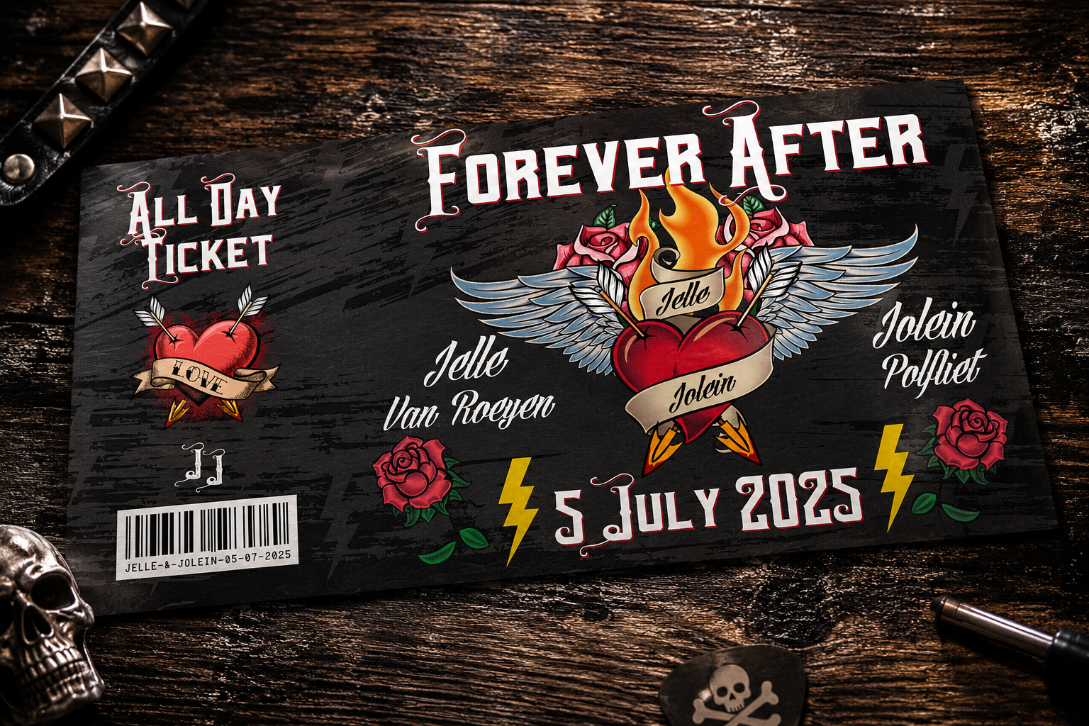 Forever After tattoo style rock n roll wedding invitation with flaming heart roses and concert ticket design